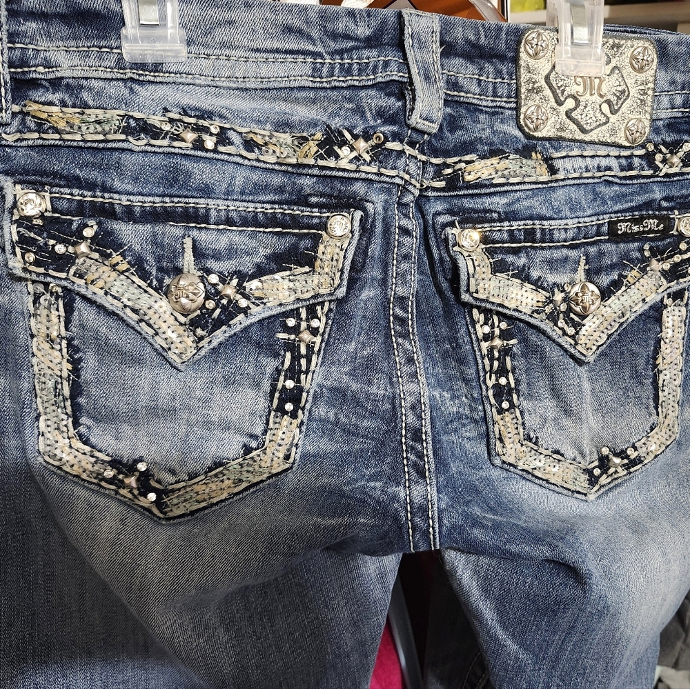 Miss Me Blue Ankle Cropped Jeans with Rhinestone Accents